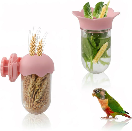 2 PCS Bird Cage Vegetable Feeder, Bird Food Dispenser with Water Storage Design to Keep Vegetables Fresh, Hanging Birds Feeder, Parakeet Cage Accessories for Cockatiel & Small Birds (Pink)
