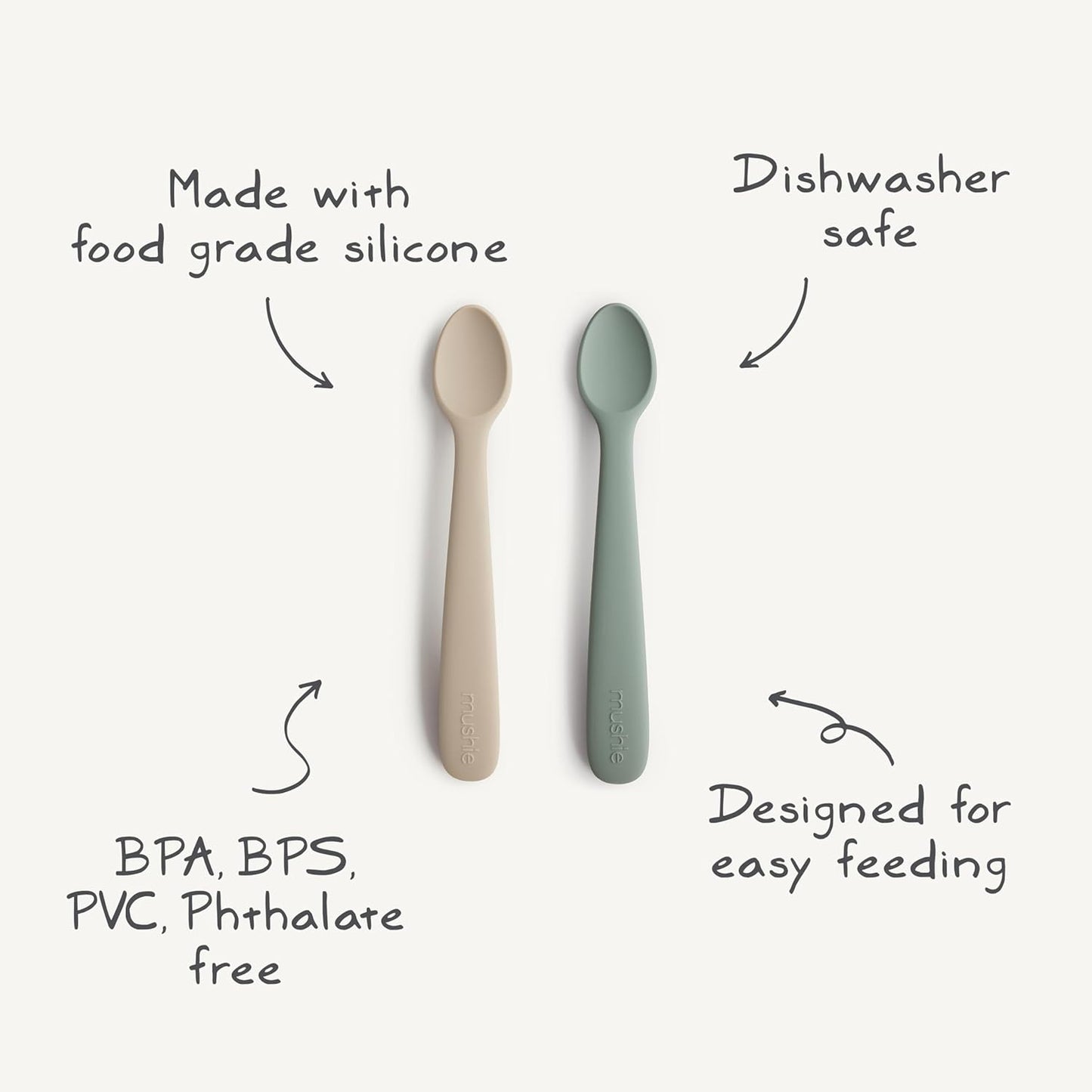 mushie Silicone Baby Feeding Spoons | 2 Pack (Blush/Shifting Sand)