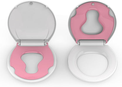 Round Toilet Seats with Toddler Seat Built In, Potty Training Toilet Seat Round Fits Both Adult and Child，with Slow Close and Magnets,Safe PP Material Easy Clean,White and Pink