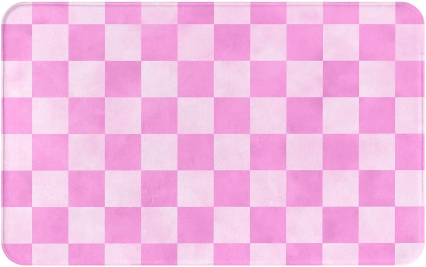 Pink Checker Print Bathroom Rugs 30x20 Inch, Non-Slip Absorbent Bath Mat Rugs, Machine Washable Shower Rug Bath Mats for Bathroom