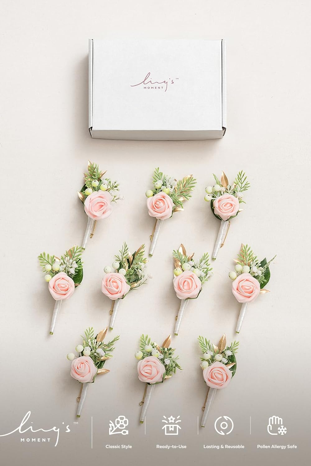 Ling's moment Boutonniere for Men, 10pcs Groomsmen Guest Boutonniere, Artificial Flowers for Wedding Décor/Prom/Homecoming,etc.Blush Pink