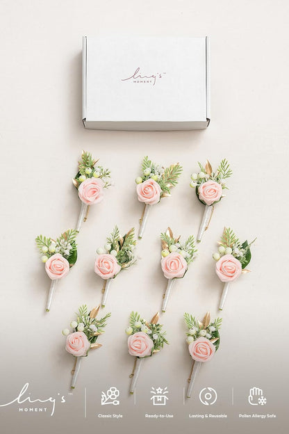Ling's moment Boutonniere for Men, 10pcs Groomsmen Guest Boutonniere, Artificial Flowers for Wedding Décor/Prom/Homecoming,etc.Blush Pink