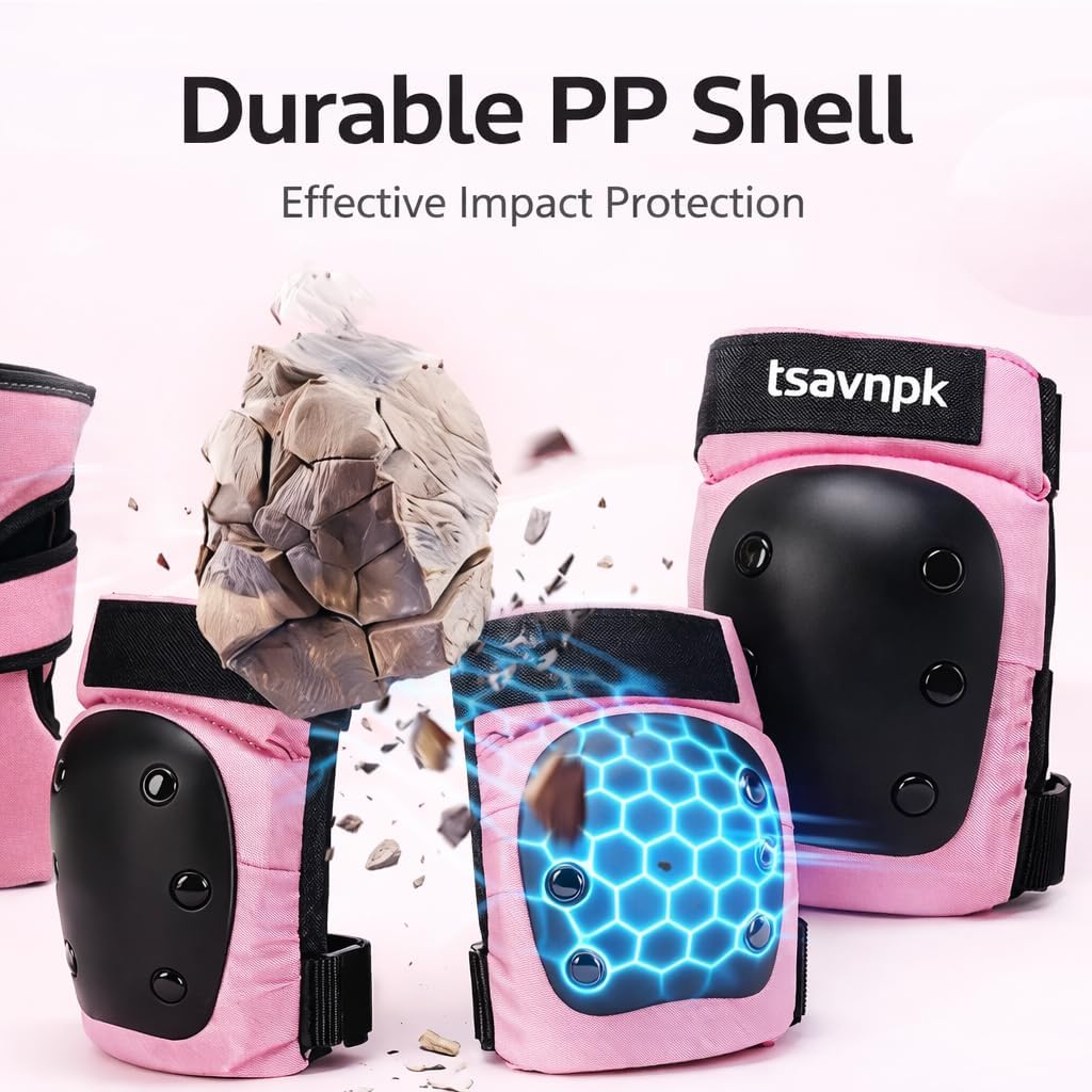 Knee and Elbow Pads Set for Women & Teens – Pink Skateboarding Protective Gear with Wrist Guards, Adjustable Skate Pads for Roller Skating, Inline Skating, Cycling (S/M/L)