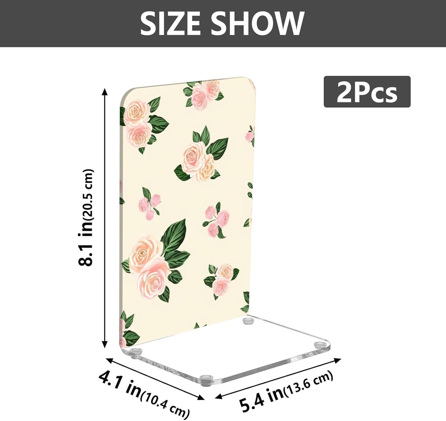 Light Pink Flowers Acrylic Bookends Book Holder for Shelves 5.4 x 4.1 x 8.1 Inch Height Sturdy Bookends Magazine Holder for Home Office Desk Storage 2 Pack