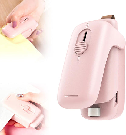 Mini Bag Sealer, 2025 Upgraded 2 in 1 Bag Sealer Heat Seal with Cutter and with Lanyard, Rechargeable Portable Resealer Machine for Snack Plastic Bags Food Storage Travel (1, Pink)
