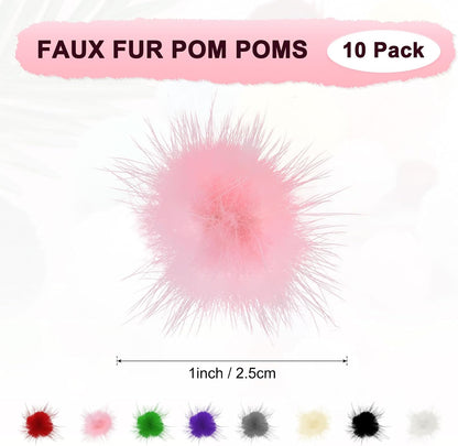 M METERXITY 10-Pack Faux Fur Pom Poms, 1 Inch/ 2.5 cm Soft Fluffy Pompoms Balls Faux Mint Fur with Elastic Loop Mini for Hats/Bags/Keychains/Knitting Accessories/DIY Crafts [Pink]