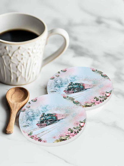 Merry Christmas Coaster Set of 6 Train Snow Flowers Lights Berries Pink Drink Coasters Absorbent Ceramic Coaster for Table Dining Cup Mat for Kitche Cafe Bar Warming Gifts 4 Inches