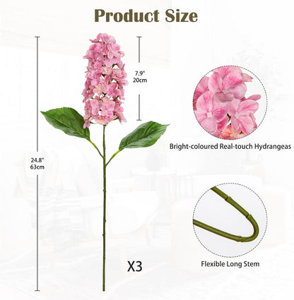 Artificial Hydrangea Flowers Real Touch – 3PCS 24.8" Faux Cone Hydrangea Stems for Tall Vases, Home Décor, Wedding Centerpieces, Floral Arrangements – Soft Pink