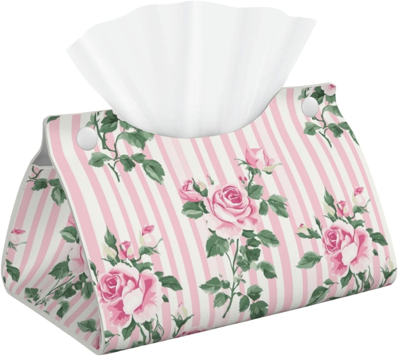 Pink Striped Rose Pattern Tissue Box Cover Rectangle Pu Leather Tissue Box Holder for Car Bathroom Bedroom Desk Tabletop Decor