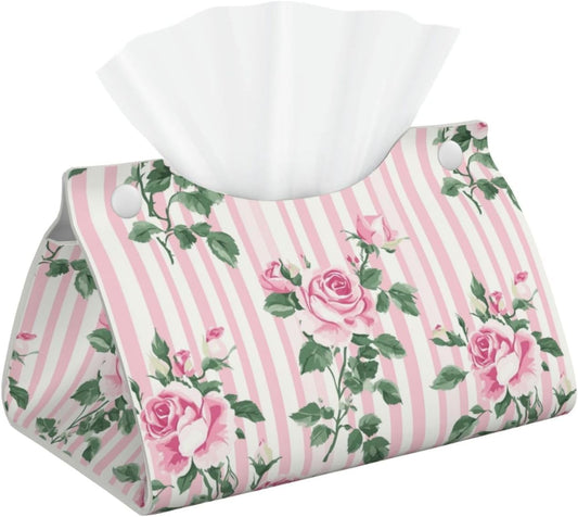 Pink Striped Rose Pattern Tissue Box Cover Rectangle Pu Leather Tissue Box Holder for Car Bathroom Bedroom Desk Tabletop Decor