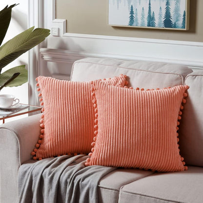 Fancy Homi Pack of 2 Coral Decorative Throw Pillow Covers 18x18 Inch with Pom-poms for Living Room Couch Bedroom, Soft Corduroy Peach Solid Square Cushion Case 45x45 cm, Rustic Farmhouse Home Decor