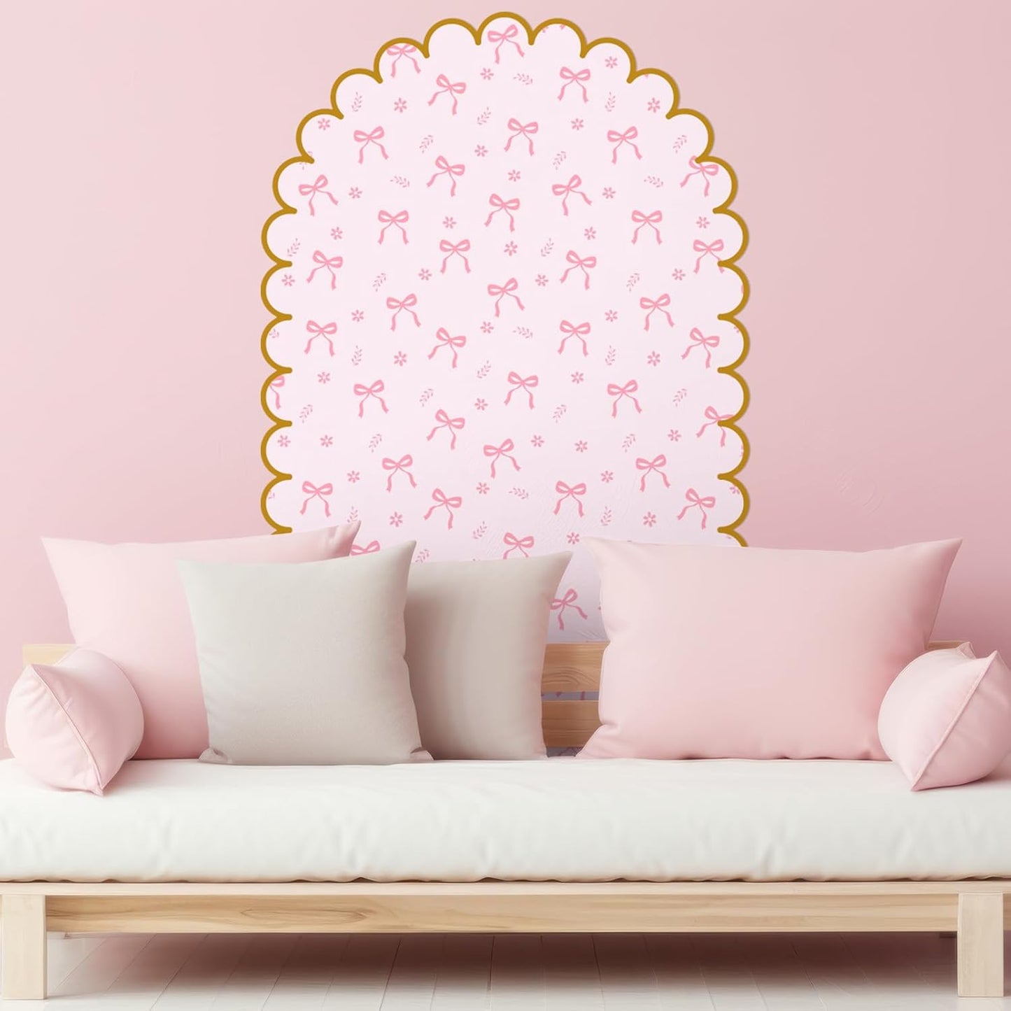 Leinuosen Pink Bow Arch Wall Decals Peel and Stick 58 x 30 Inch Large Bow Wallpaper Wall Decal Room Decor with Golden Scallop Frame Coquette Headboard Stickers for Nursery Bedroom Living Room
