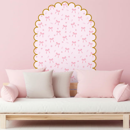 Leinuosen Pink Bow Arch Wall Decals Peel and Stick 58 x 30 Inch Large Bow Wallpaper Wall Decal Room Decor with Golden Scallop Frame Coquette Headboard Stickers for Nursery Bedroom Living Room