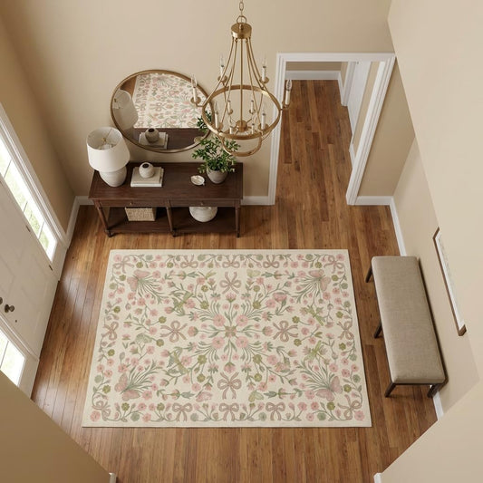 3x5 Area Rugs Boho Vintage Floral Bow Rug with Non Slip Backing, Washable Low Pile Soft Beige Pink Floral Carpet for Entryway, Nursery, Kids Room, Bathroom Vanity, Small Living Space