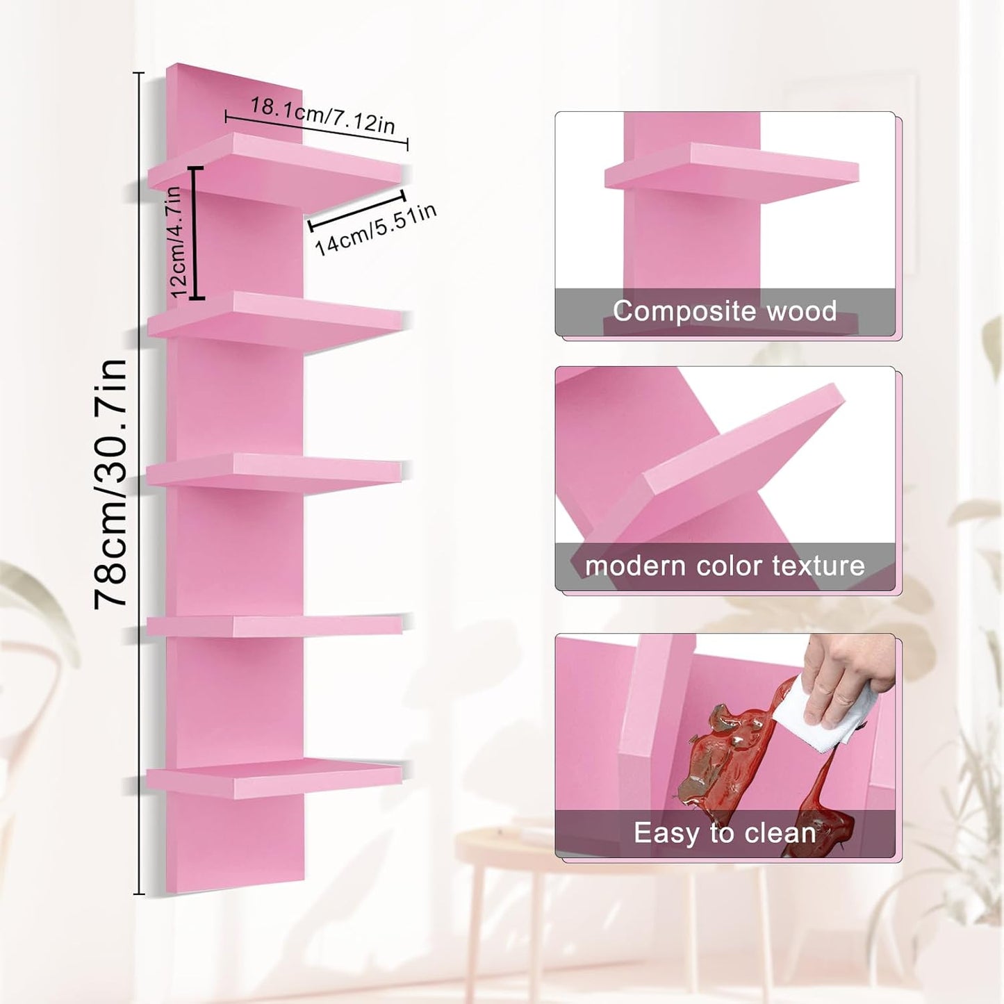 YEXEXINM 5 Tier Wall Shelf Unit - Narrow Smooth Laminate Finish - Vertical Column Wall Decor Mount Floating Storage Home Decor Organizer Tall Tower Utility Shelf for Bedrooms, Living Rooms(Pink)…