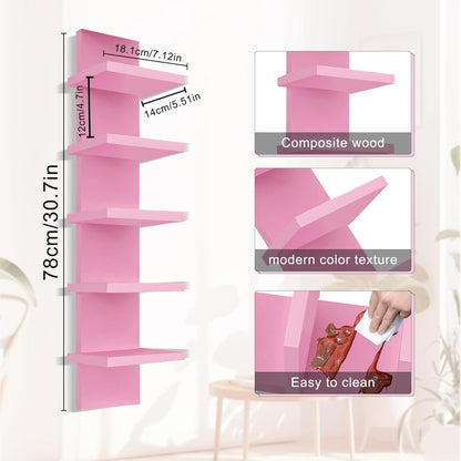 YEXEXINM 5 Tier Wall Shelf Unit - Narrow Smooth Laminate Finish - Vertical Column Wall Decor Mount Floating Storage Home Decor Organizer Tall Tower Utility Shelf for Bedrooms, Living Rooms(Pink)…