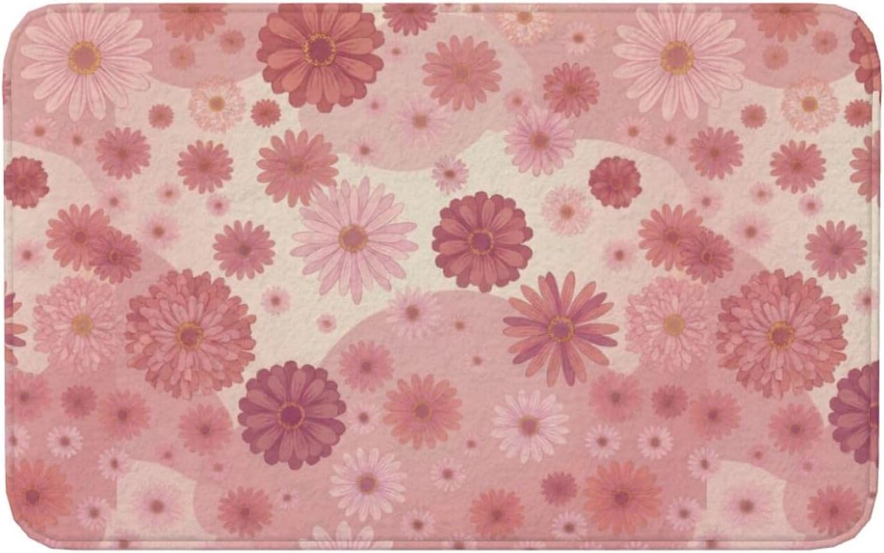 Pink Flowers Bath Mat Non-Slip Soft Microfiber Bathroom Rugs Washable Bathmat, Carpet Rug Entryway Daisy Floral Decor for Tub Shower Room Floor, 31.5x20 Mat