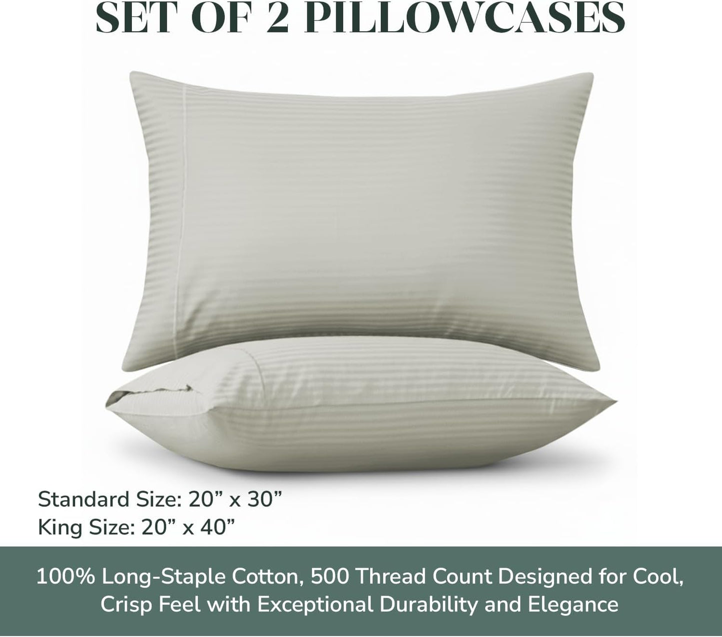 Feather & Stitch 100% Cotton Standard Pillow Covers Set of 2, 500TC Envelope Closure Pillowcases, Soft Luxury Damask Stripe Sateen Weave Pillow Case for Sleeping, 20x30 Inches - Blue Blush Stripe