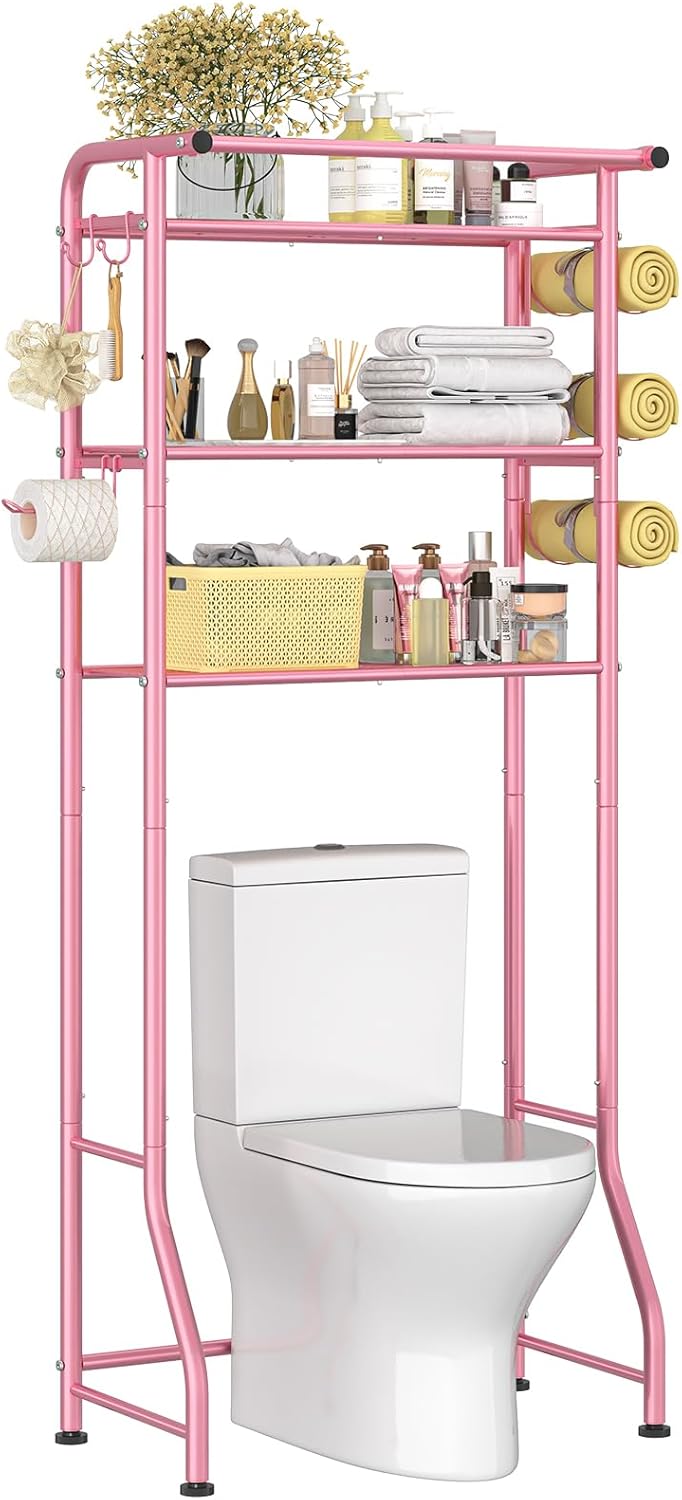 Simple Trending 3 Tier Over The Toilet Rack, Shelf Bathroom, Bathroom Stand Organizer Space Saver, Pink