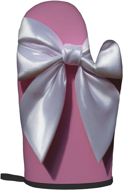 White Satin Bow On Light Pink Oven Mitts and Pot Holders Sets,Heat Resistant Potholder Kitchen Decor for Cooking Baking BBQ, Oven Glove Set
