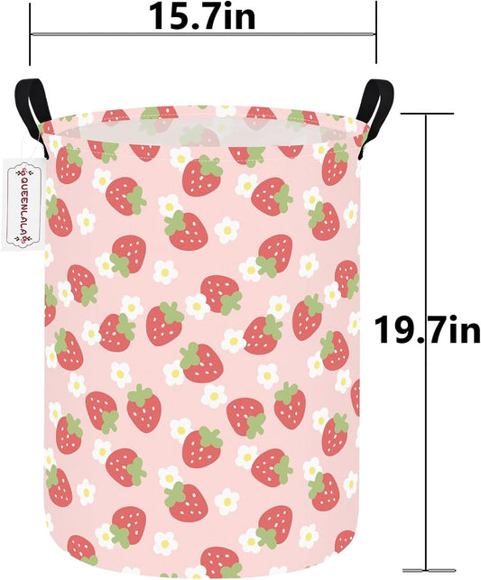 Round Waterproof laundry basket, Laundry Hamper for Nursery, Kids Toy Box Storage for Girls Boys, Diaper or plush toy gift basket, Foldable Fabric Basket(Round-Pink Strawberry)