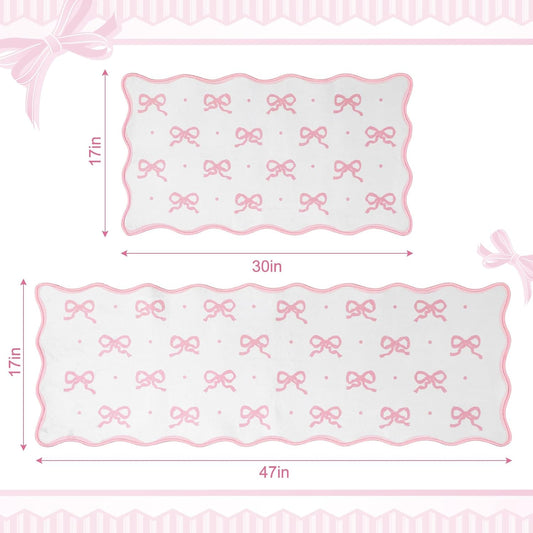 Tinideya Pink Bow Kitchen Rug Mat Set of 2 Scalloped Cute Non Slip Short Plush Kitchen Rug Coquette Aesthetic Room Decor Preppy Carpet Mat for Office Floor Sink Laundry 17" x 30", 17" x 47"