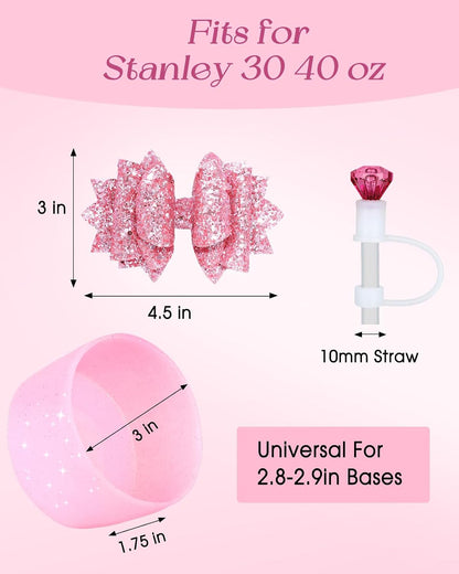 Bow Straw Topper with Cup Bootfor Stanley 40 30 oz - Bling Bow and Diamond Cover Caps with Bottom Protector 3 PCS Sets for Tumbler Accessories