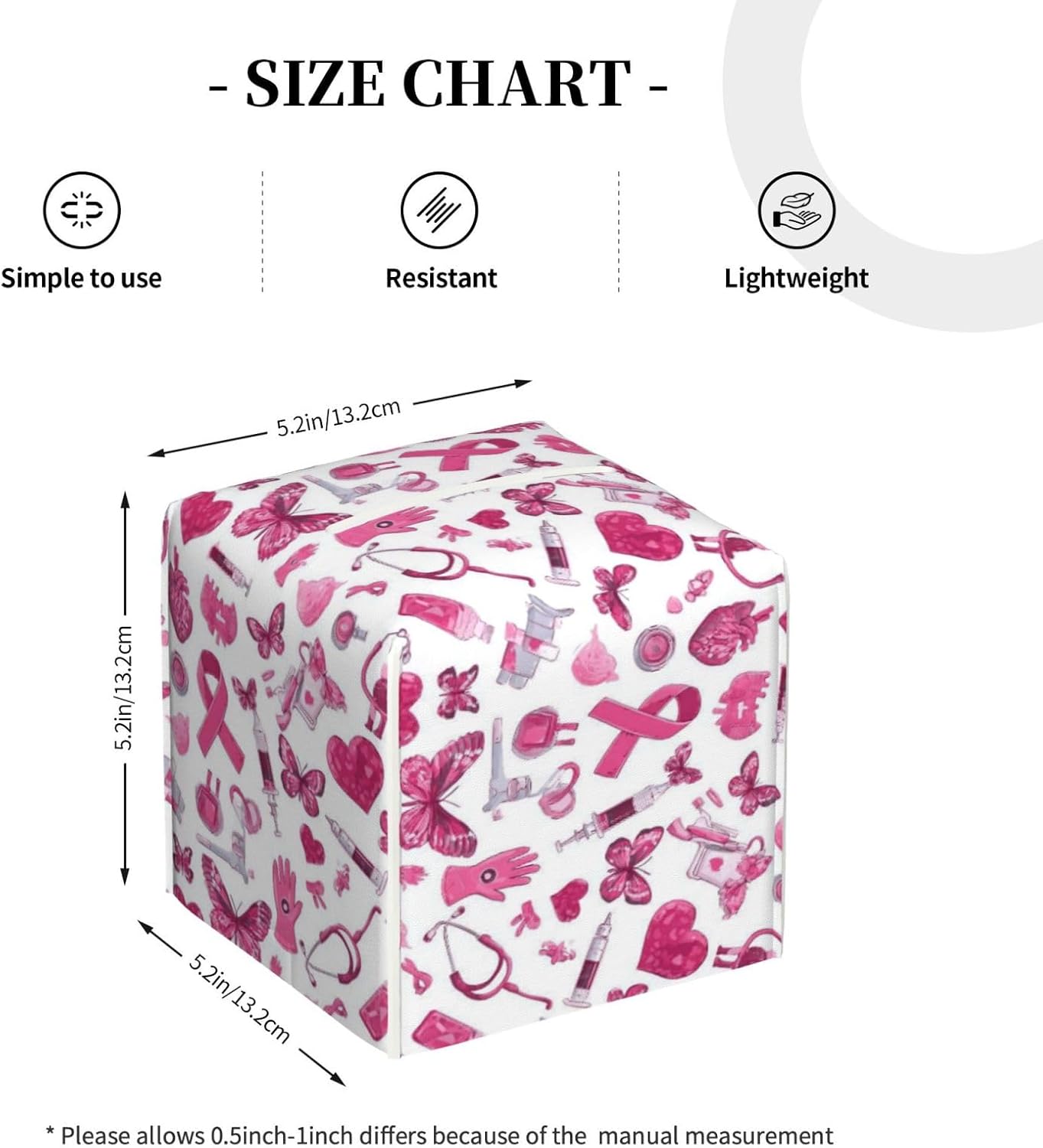 Gentle Hopeful Pink Ribbon Print Tissue Box Cover Holder Square, Foldable Modern Cube Tissue Box Cover, Leather Decorative Organizer for Tabletop Bathroom Car Office Desk Decor