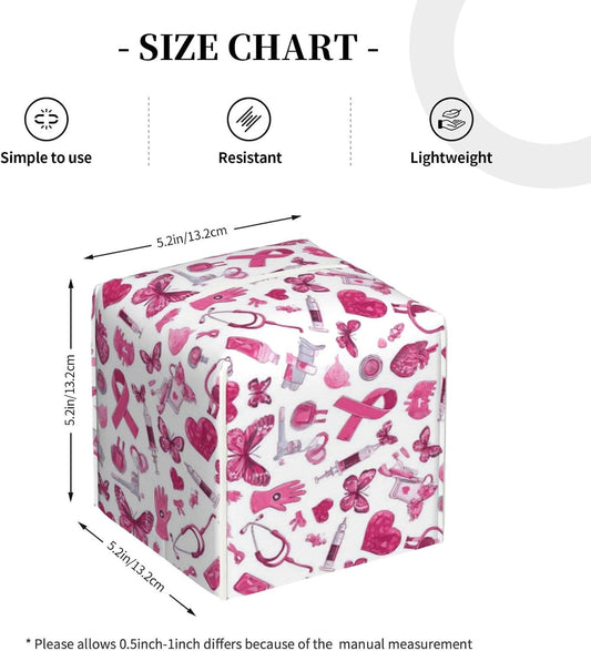 Gentle Hopeful Pink Ribbon Print Tissue Box Cover Holder Square, Foldable Modern Cube Tissue Box Cover, Leather Decorative Organizer for Tabletop Bathroom Car Office Desk Decor