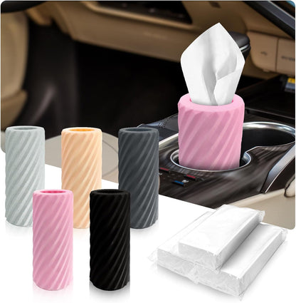 Car Cup Holder Tissue with 3 Pack Facial Tissues, Car Tissues Cylinder, Refillable Round Travel Tissue Tube for Vehicle, Office, Home Use (Pink)