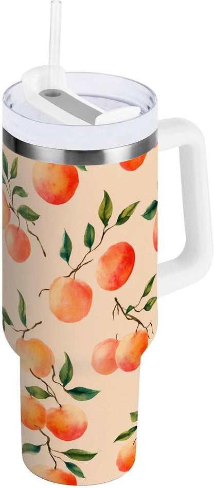 ALAZA 30 oz Peach Leaves Pattern Tumbler with Handle and Straw Lid