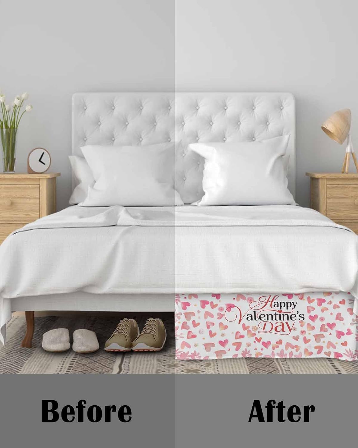 Valentine's Day Bed Skirt Queen Size 16 Inch Drop with Split Corners, Dust Ruffled Pleated Bed Skirts Wrap Around Tailored Bedding Skirt Valance for Bedroom Peach Pink Love Floral Modern Romantic