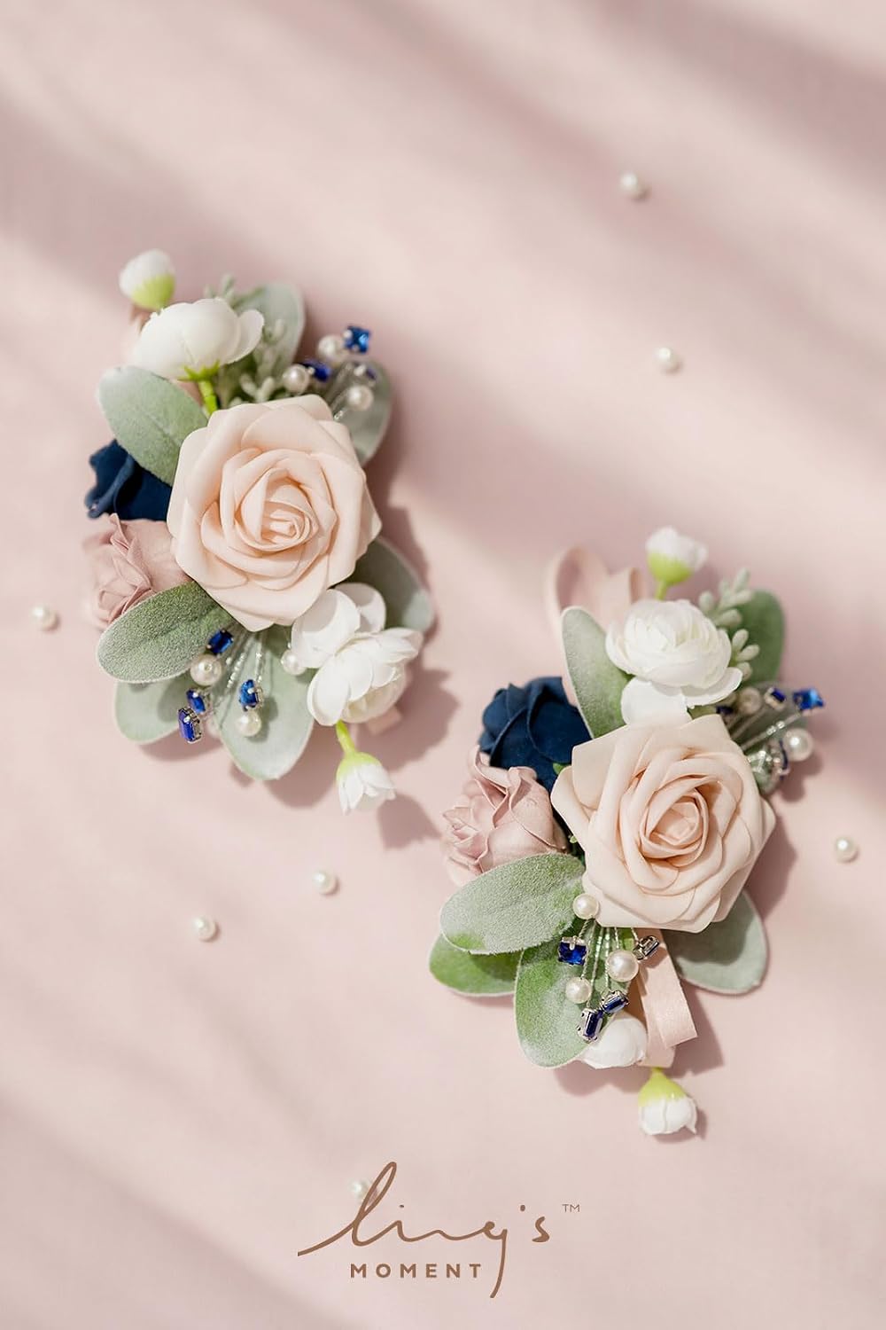 Ling's moment 2pcs Wedding Shoulder Corsage Artificial Flowers, Girl/Mother Homecoming/Prom Corsages Wristlet Décor, etc. Navy Blue Pink Ranunculus