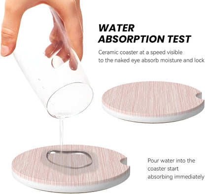 Light Pink Pastel Pattern Subtle Vertical Stripes Car Coasters for Cup Holders,2pcs Anti-Slip Ceramic Car Coasters with Finger Notch Car Accessories