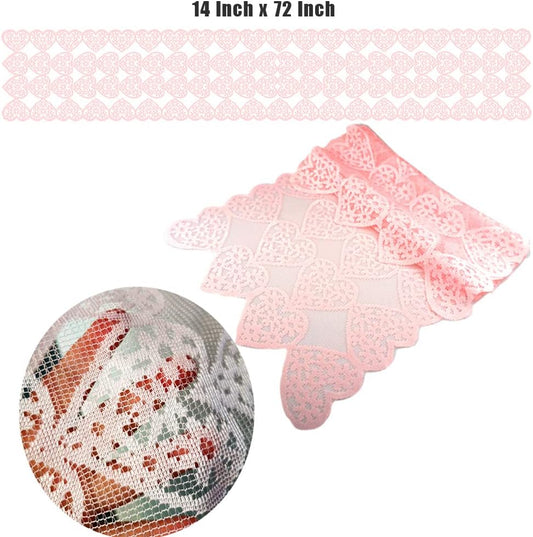 SaktopDeco 14 x 72 Inch Valentines Day Runner Pink Heart Table Runner Lace for Wedding Party Decorations