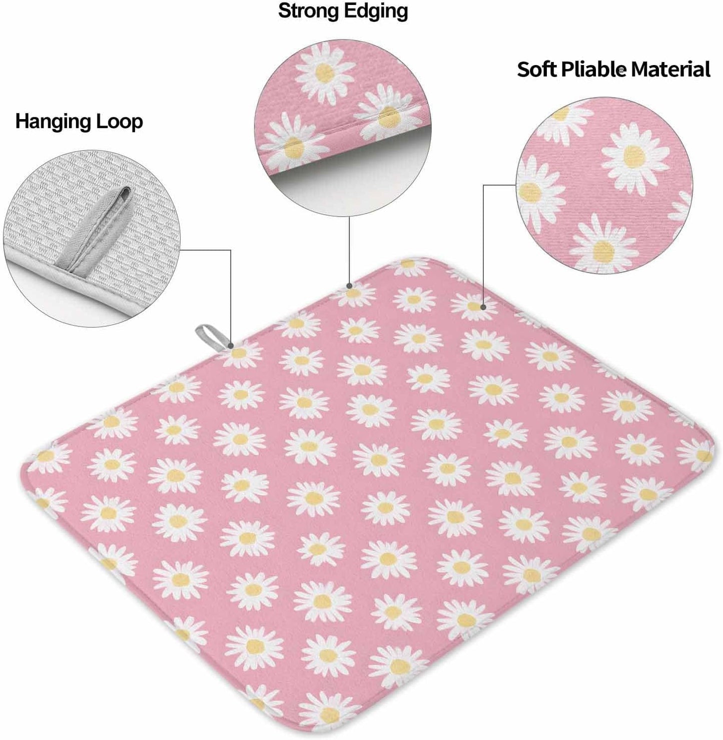 Dish Drying Mat White Daisy Floral Microfiber Absorbent Reusable Washable Dish Drying Rack Mat Light Pink Coffee Mat for Coffee Maker Bar Kitchen Countertops 18x24inch