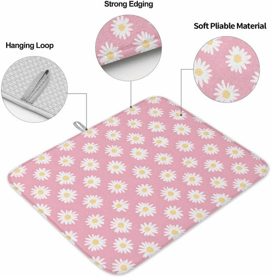 Dish Drying Mat White Daisy Floral Microfiber Absorbent Reusable Washable Dish Drying Rack Mat Light Pink Coffee Mat for Coffee Maker Bar Kitchen Countertops 18x24inch