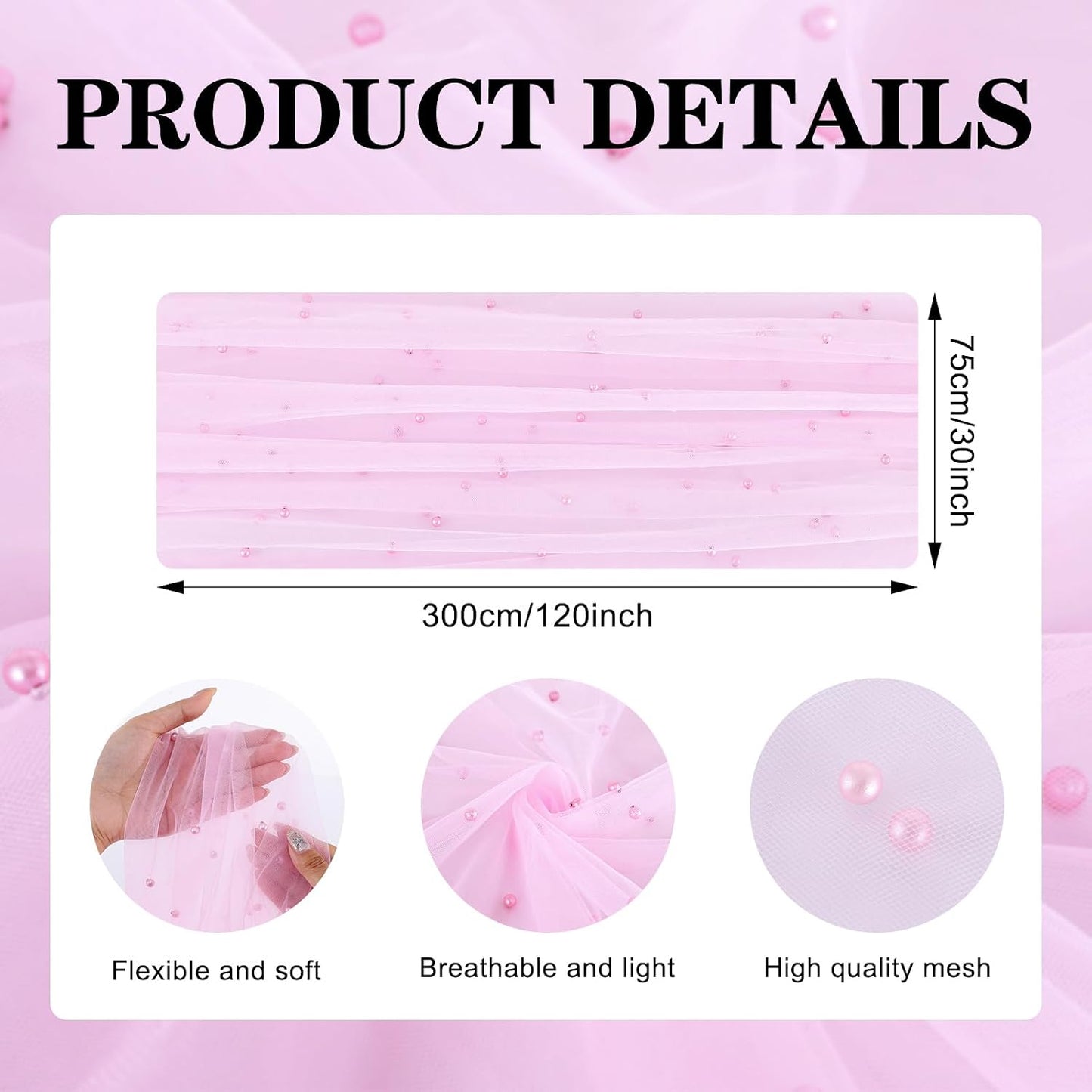 BINBE 4pcs Pearl Table Runner Spring Summer Rustic Boho 10ft Tulle Table Runner for Baby Shower Wedding Veil Holiday Dessert Table Decor Pink