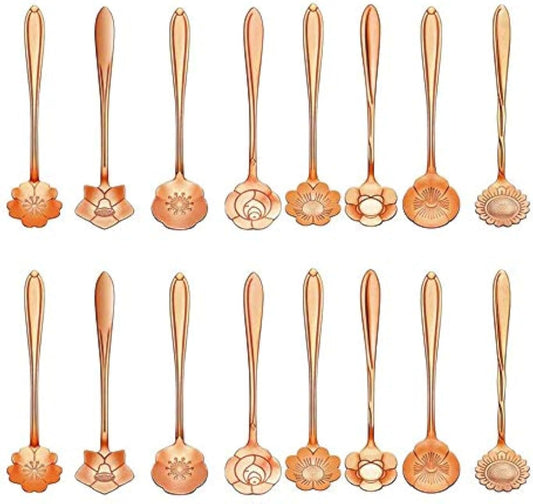 16-Piece Stainless Steel Tableware - Creative Flower Design Coffee, Sugar, Tea & Stir Spoons, 8 Patterns, 2 Sets (Rose Gold)