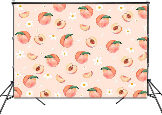 Peach Backdrop 7x5ft Allover Fruits Daisy Party Decorations Background Peach Wall Paper Dessert Table Cloth Banner Photo Booth Props