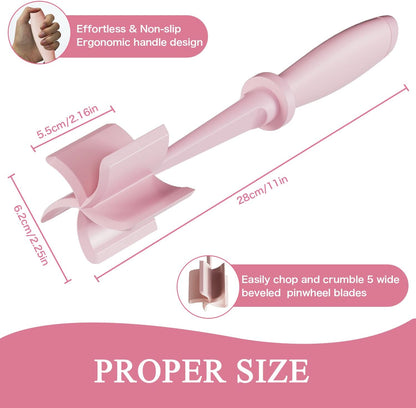 Meat Chopper, 5 Curve Blades Ground Beef Masher, Heat Resistant Meat Masher Tool for Hamburger Meat, Ground Beef, Turkey and More, Nylon Hamburger Chopper Utensil Non-scratch Utensils-Pink