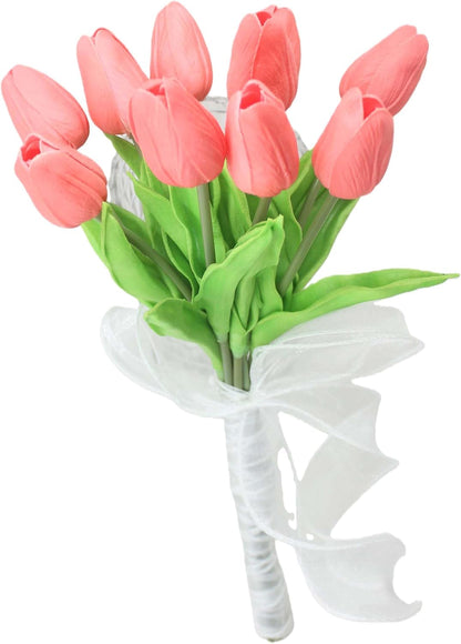 10-Heads Artificial Flowers PU Mini Real Touch Tulip Bouquets for Home Wedding Party Centerpiece Decoration (Coral)