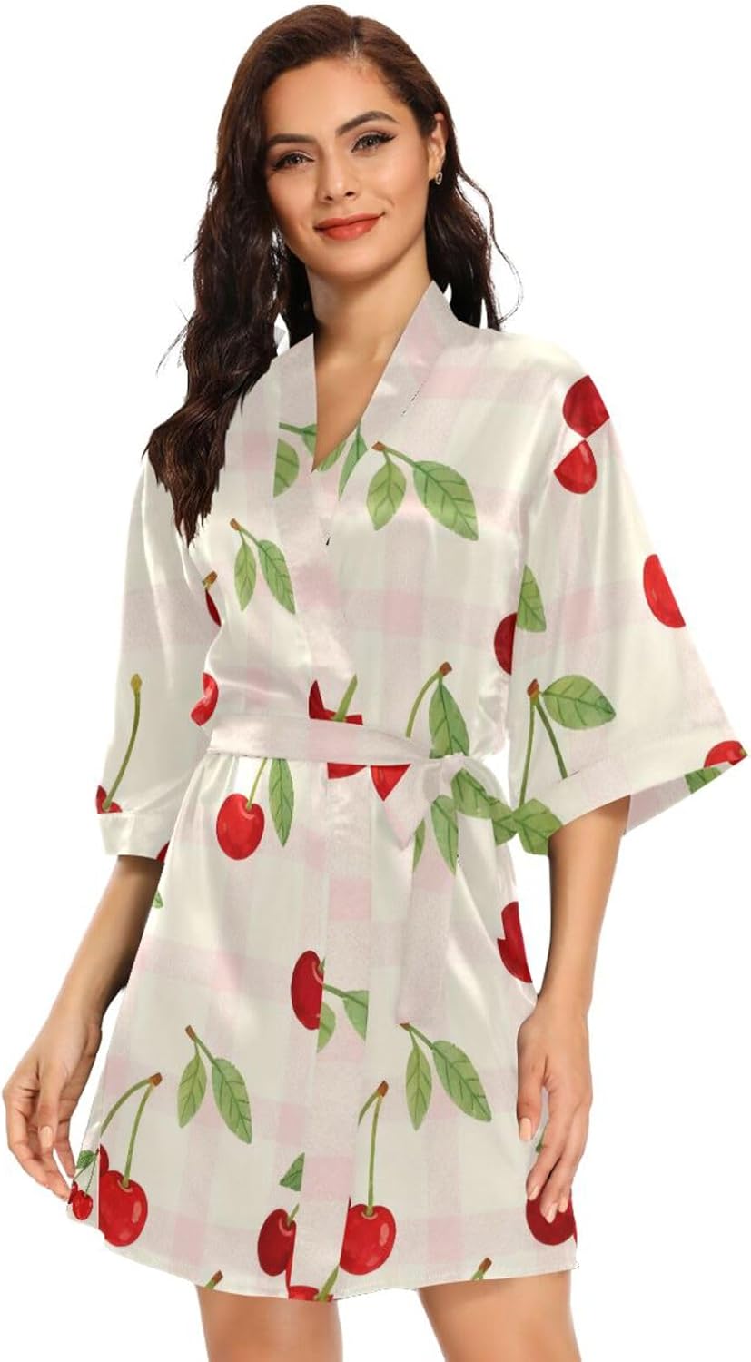 Fresh Cherry Pattern Pink Check Womans Bathrobes Comfy Sleeve Night Shirt for College Dorm