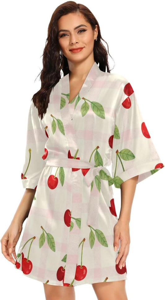 Fresh Cherry Pattern Pink Check Womans Bathrobes Comfy Sleeve Night Shirt for College Dorm