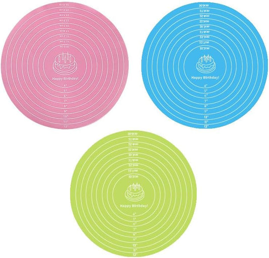 3 Pcs Silicone Cake Mats, 12 Inch Round Silicone Baking Mat with Measurements Reusable Non-Stick Non-Slip Heat Resistant Cookie Mat for Cake Turntable Pizza Dough Pastry Rolling (Pink, Blue, Green)