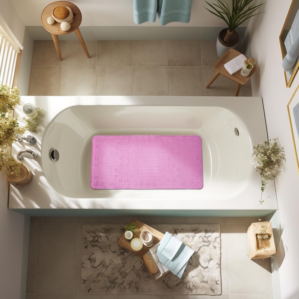 Bathtub Mat Non Slip 36” X 17” Pink Shower Mat Soft Foam Bath Mats for Bathroom Tub, Bathtub Mat with Drain Holes, Suction Cups, Shower Mat Non Slip