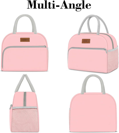 Coobiiya Lunch Bag for Women Men, Insulated Reusable Picnic Bag, 10.8"L x 6.3"W x 8.85"H, Pink