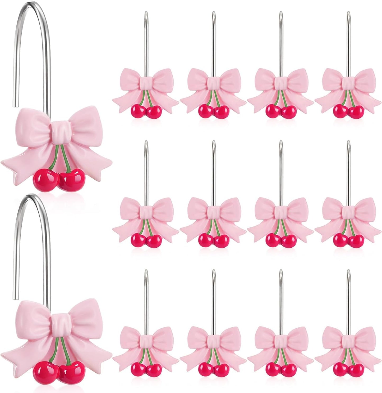 Mifoci 12 Pcs Pink Bow Shower Curtain Hooks Bow Knot Cherry Decorative Shower Curtain Hooks Resin Rust Resistant Glide Bathroom Ring Hangs for Bathroom Bedroom Living Room Art Decor