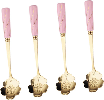 Ipetboom 4pcs Dessert Spoons with Ergonomic Ceramic Handles Multipurpose Flower Design Coffee and Cake Spoons for Household Kitchen Use Pink Gold Cherry Blossom