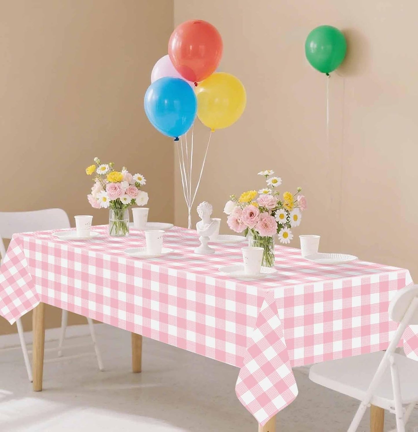 SietDESEO 3 Pack Light Pink Gingham Tablecloth Rectangle 54 x 108 Pink and White Checkered Table Cloth Disposable Plaid Table Cover Plastic for Birthday Baby Shower Picnic Wedding Party Supplies